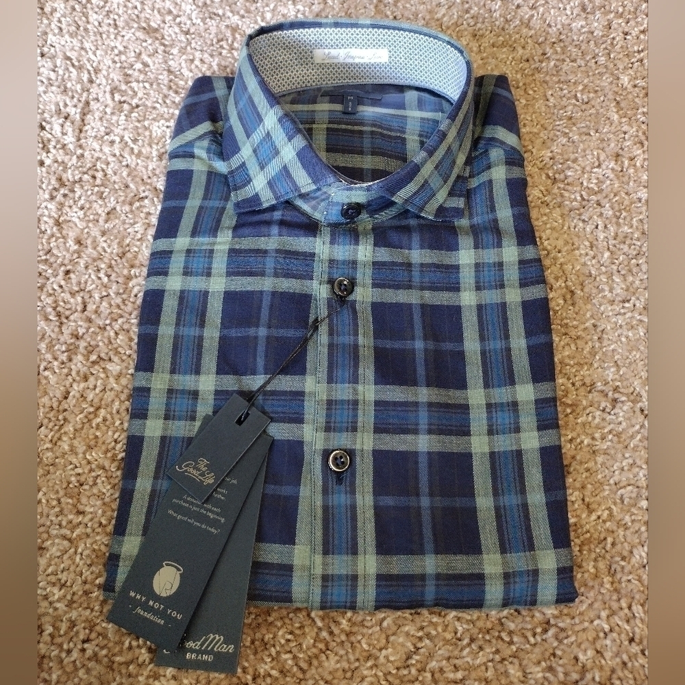 Good Man Brand Blue and Green Plaid Men's Long Sleeve Button Down Shirt NWT